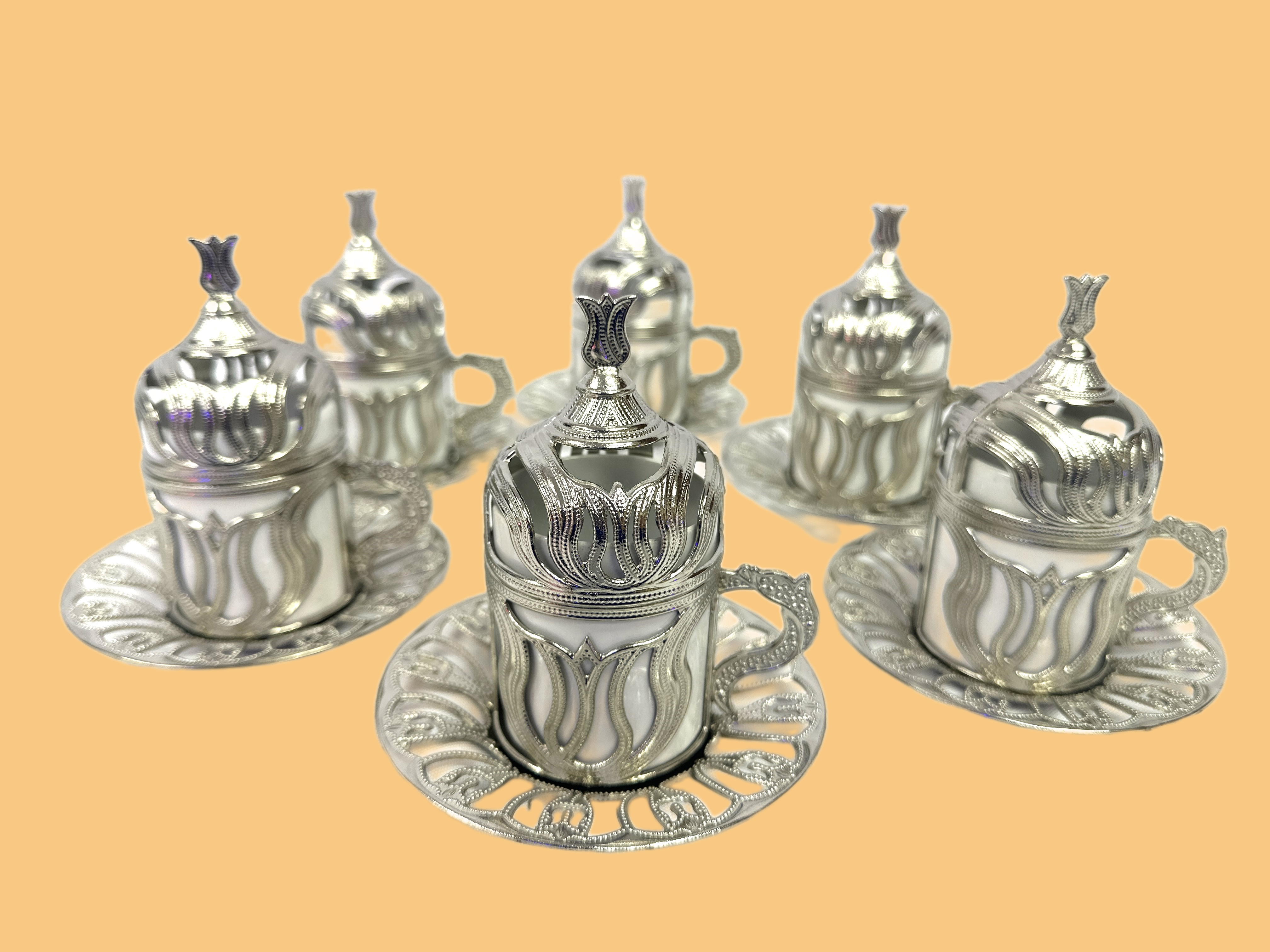 Shiny silver Arabic coffee cups set of 6